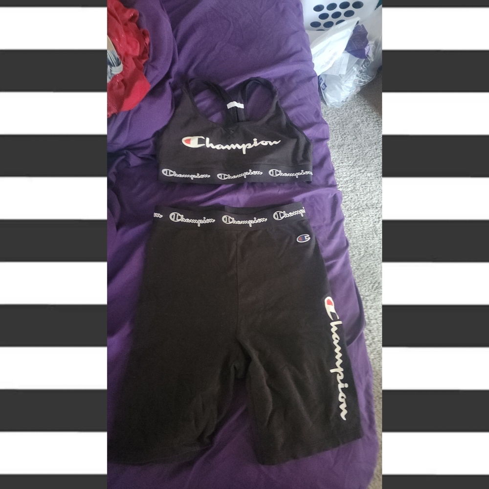 Champion Black Logo Crop Sports Bra and Biker Shorts Set